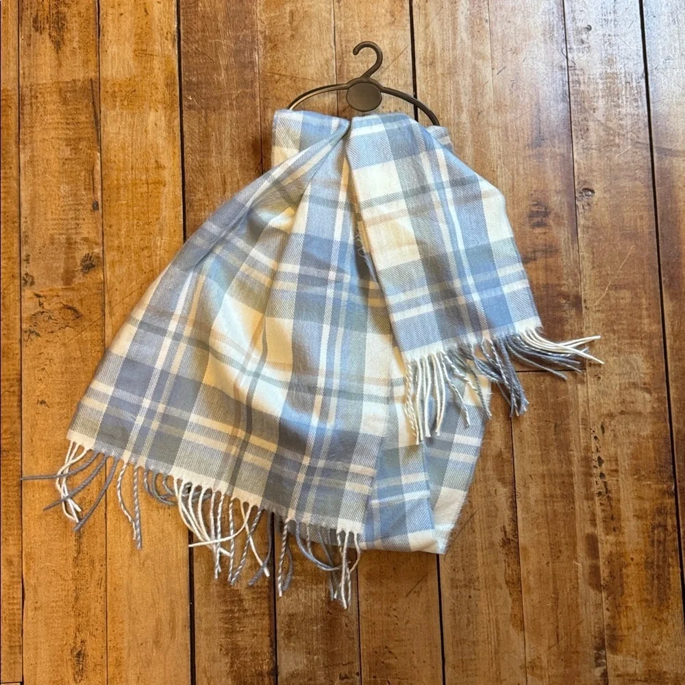 D&Y Soft Plaid Scarf in Blue Cream Tan winter cashmere like